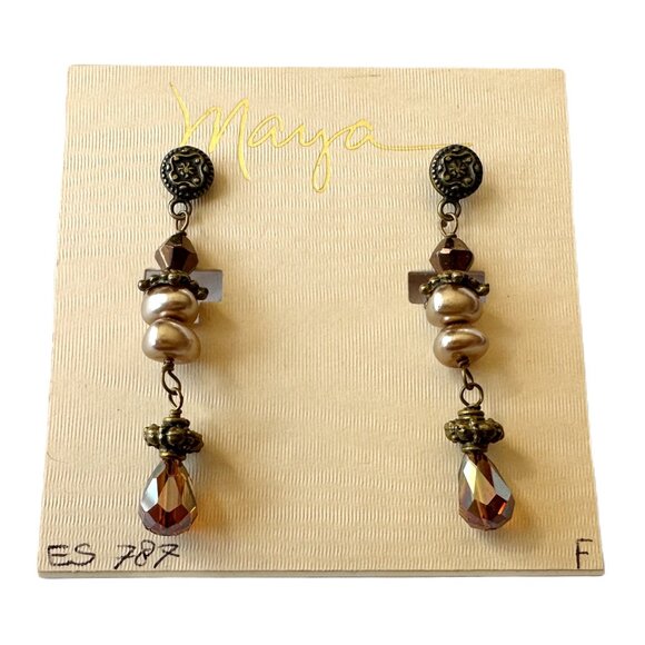 Vintage 90s Maya Evangelista Bohemian Pearl & Crystal Drop Earrings & Bangle NWT - Picture 1 of 3